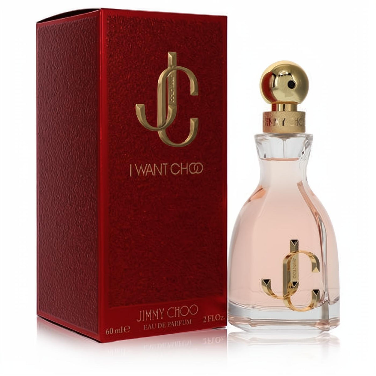 Jimmy Choo I Want Choo 2 oz Eau De Parfum. Clear glass bottle with pink fragrance, gold JC logo, and a luxurious red textured box.