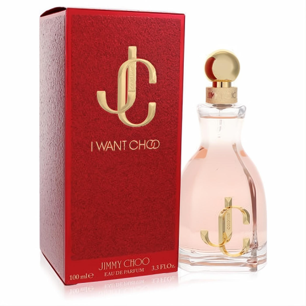 Jimmy Choo I Want Choo 3.3 oz EDP. Elegant clear bottle with pink liquid, gold cap & JC logo, beside a vibrant red textured box.