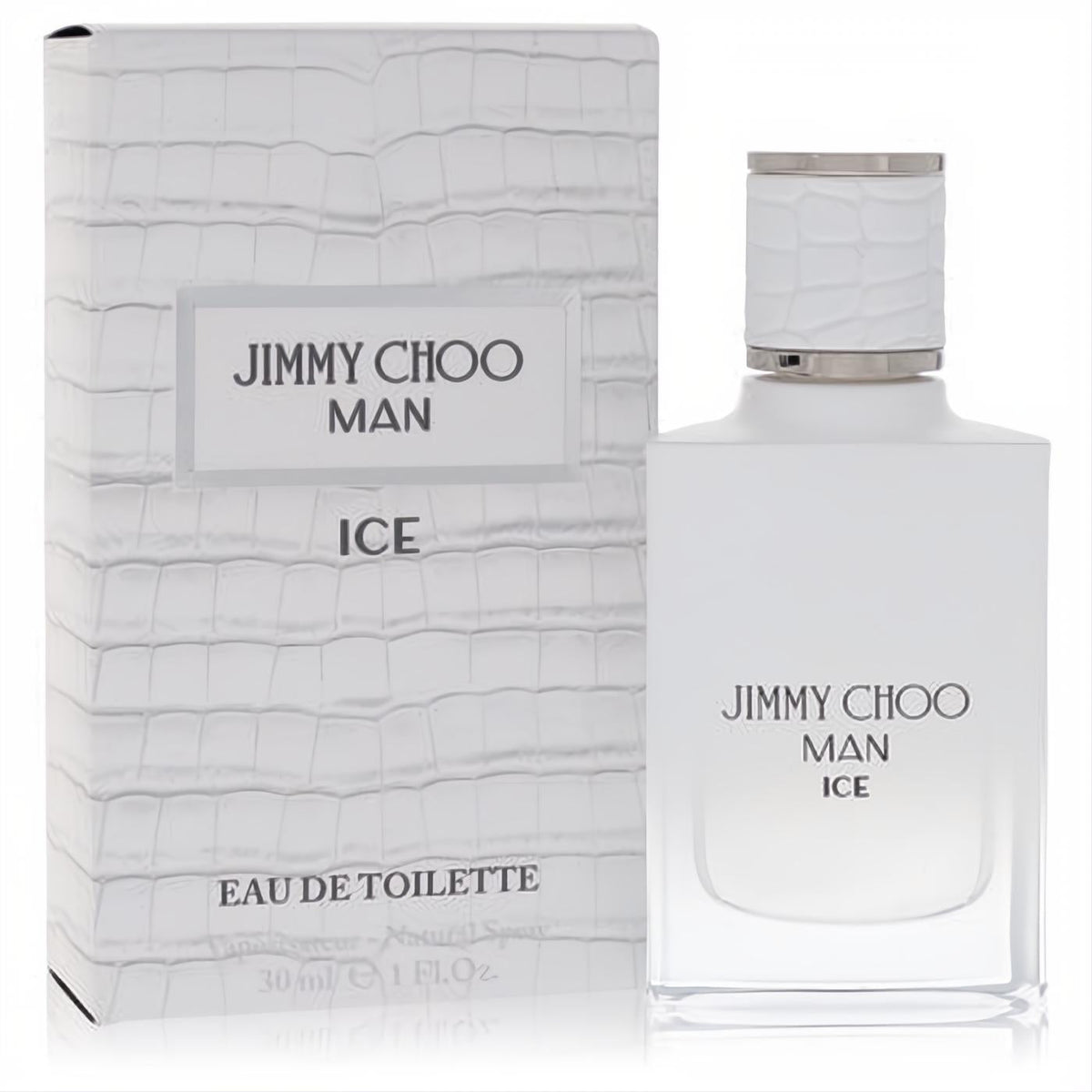 Jimmy Choo Man Ice 1 oz EDT for men. Sleek white bottle with textured cap, paired with a matching crocodile-embossed box.