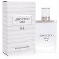 Jimmy Choo Man Ice 1.7 oz EDT. Crisp white bottle with silver cap, alongside its luxurious crocodile-embossed presentation box.
