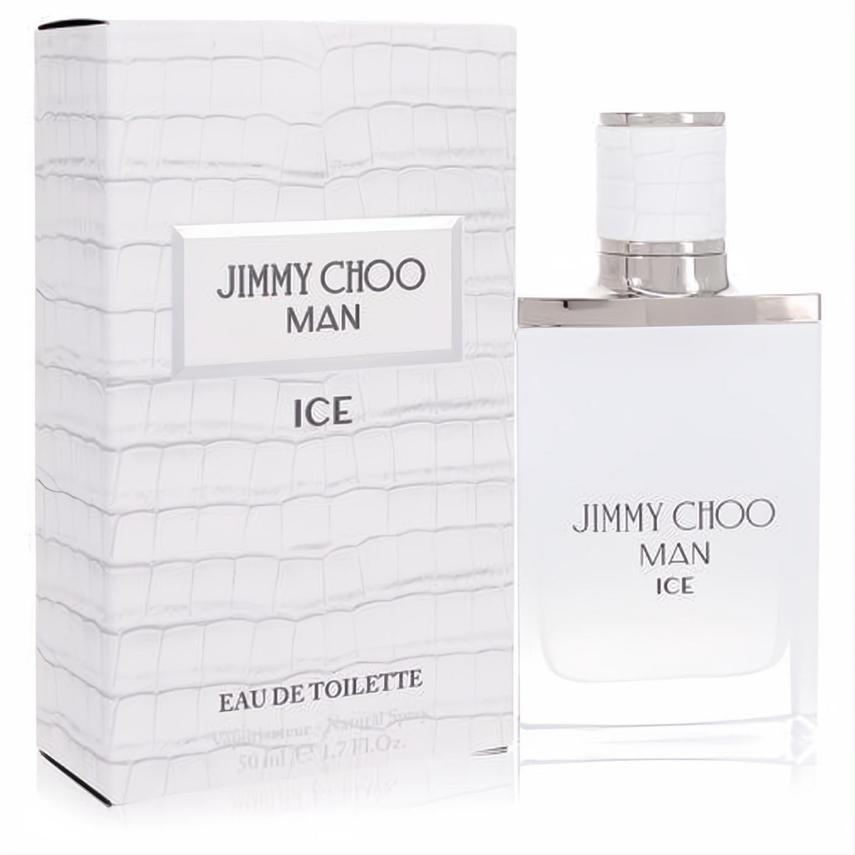 Jimmy Choo Man Ice 1.7 oz EDT. Crisp white bottle with silver cap, alongside its luxurious crocodile-embossed presentation box.