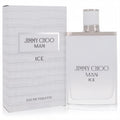 Jimmy Choo Man Ice 3.4 oz EDT: sleek white bottle with silver details, paired with its luxurious crocodile-textured box.