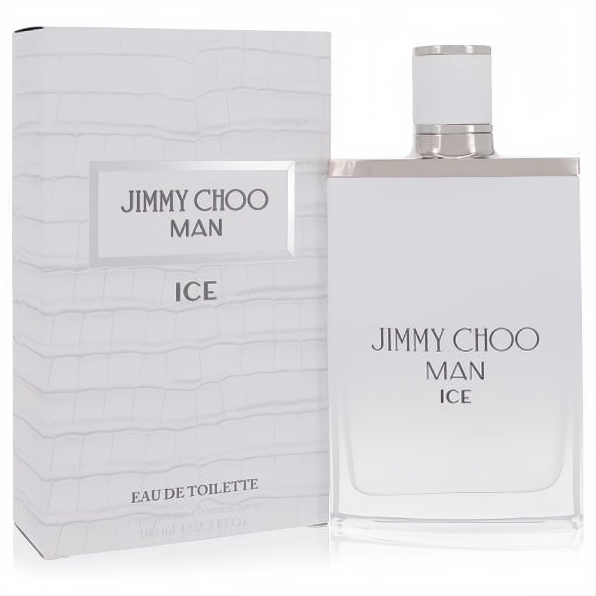 Jimmy Choo Man Ice 3.4 oz EDT: sleek white bottle with silver details, paired with its luxurious crocodile-textured box.
