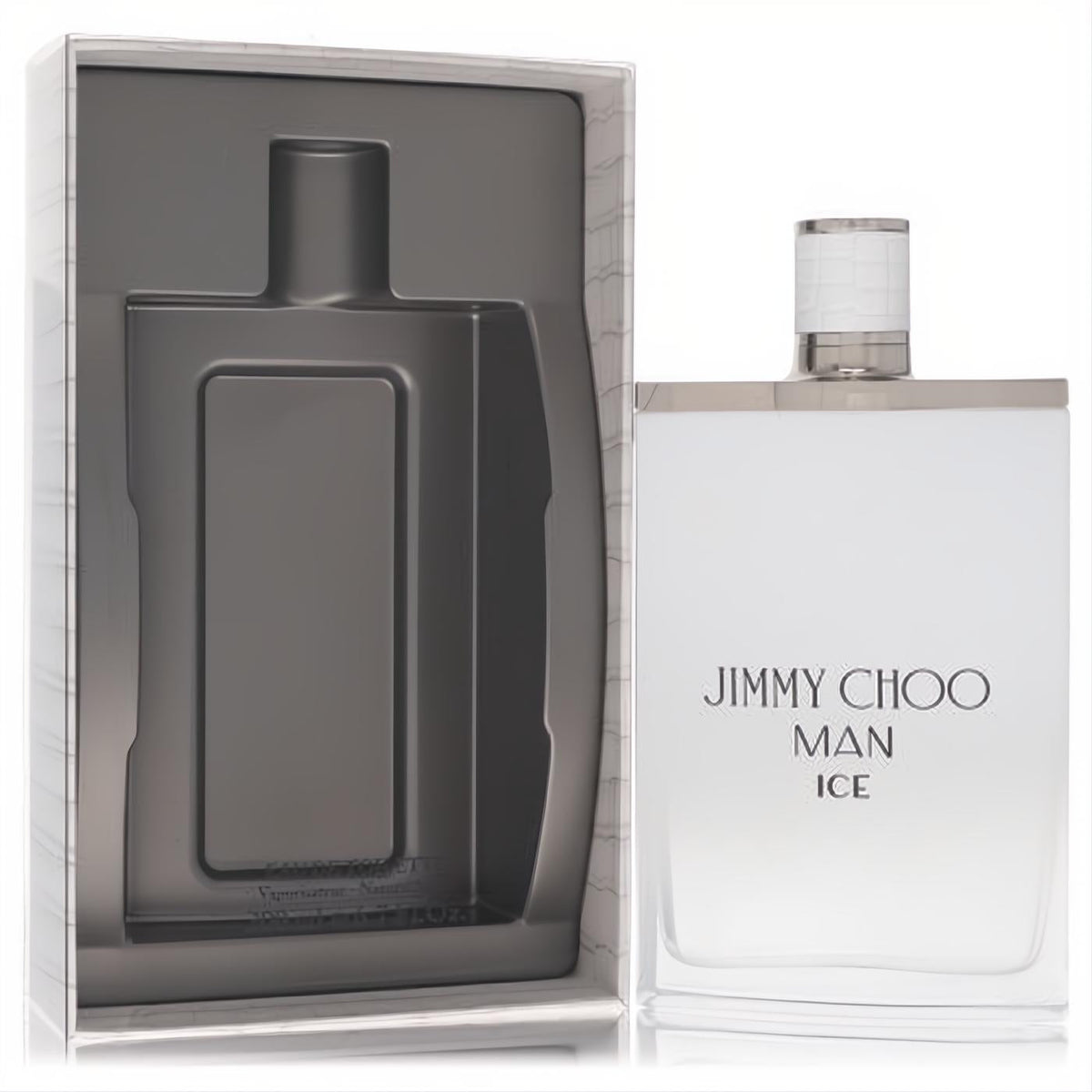 Elevate your style with Jimmy Choo Man Ice 6.7 oz EDT. Frosted white bottle, textured silver cap, elegant marble box.