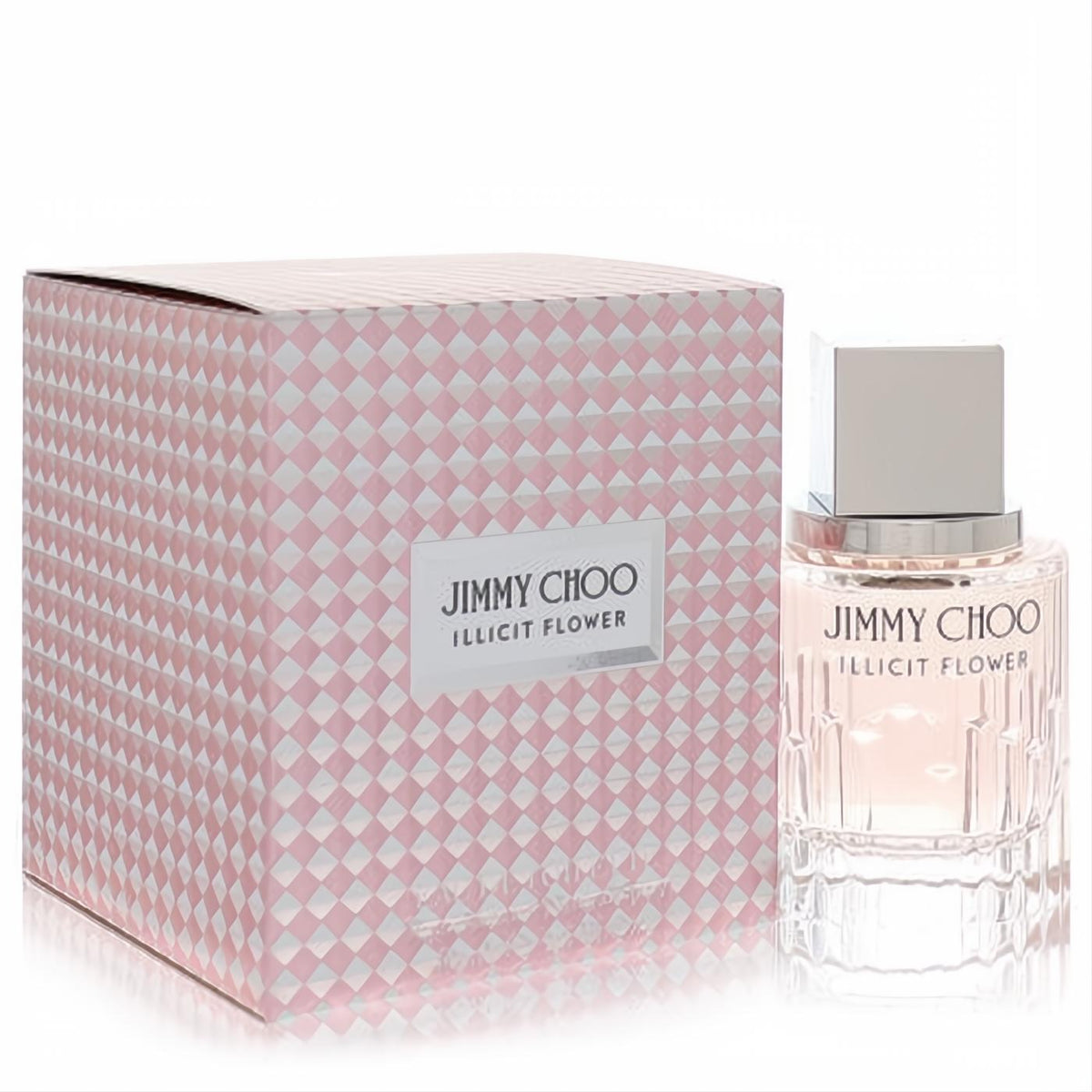 Elegant Jimmy Choo Illicit Flower 1.3 oz women's perfume. Features a clear faceted bottle with soft pink liquid and a chic pink checkered box.