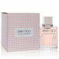 Jimmy Choo Illicit Flower 3.3 oz women's EDT. Elegant faceted glass bottle with soft pink fragrance, alongside its signature checkered box.