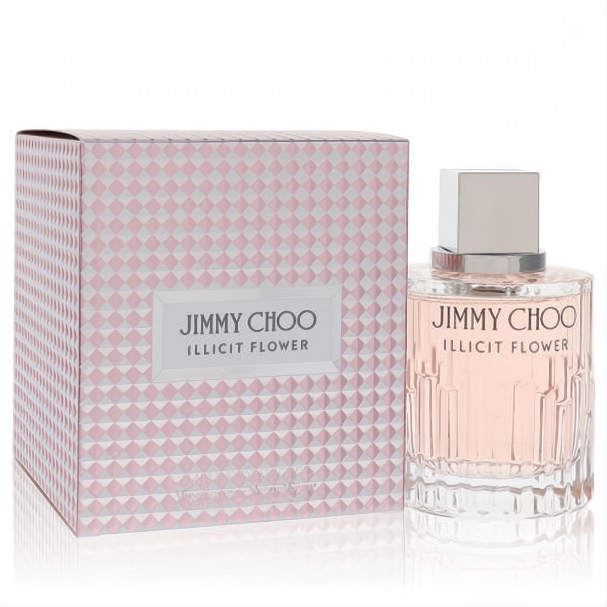 Jimmy Choo Illicit Flower 3.3 oz women's EDT. Elegant faceted glass bottle with soft pink fragrance, alongside its signature checkered box.