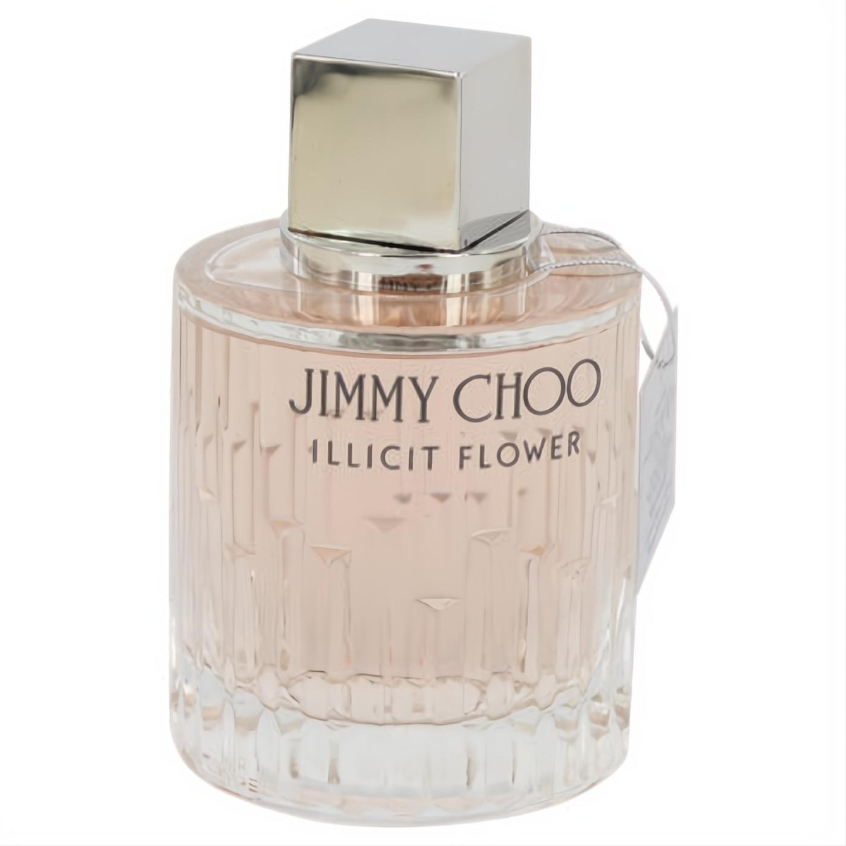 Jimmy Choo Illicit Flower 3.3 oz Eau De Toilette for women. Chic faceted glass bottle with a metallic silver cap and soft pink fragrance.