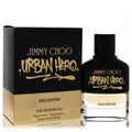 Luxurious Jimmy Choo Urban Hero Gold Edition 1.7 oz EDP. Sleek black and gold bottle and box with bold graffiti-style lettering.
