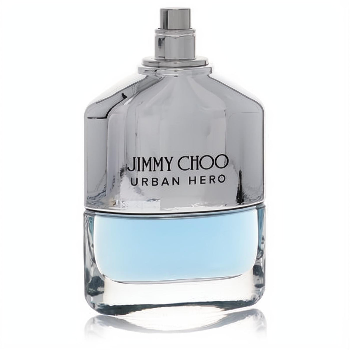Bold Jimmy Choo Urban Hero men's EDP spray. Sleek silver and clear glass bottle with vibrant blue fragrance.