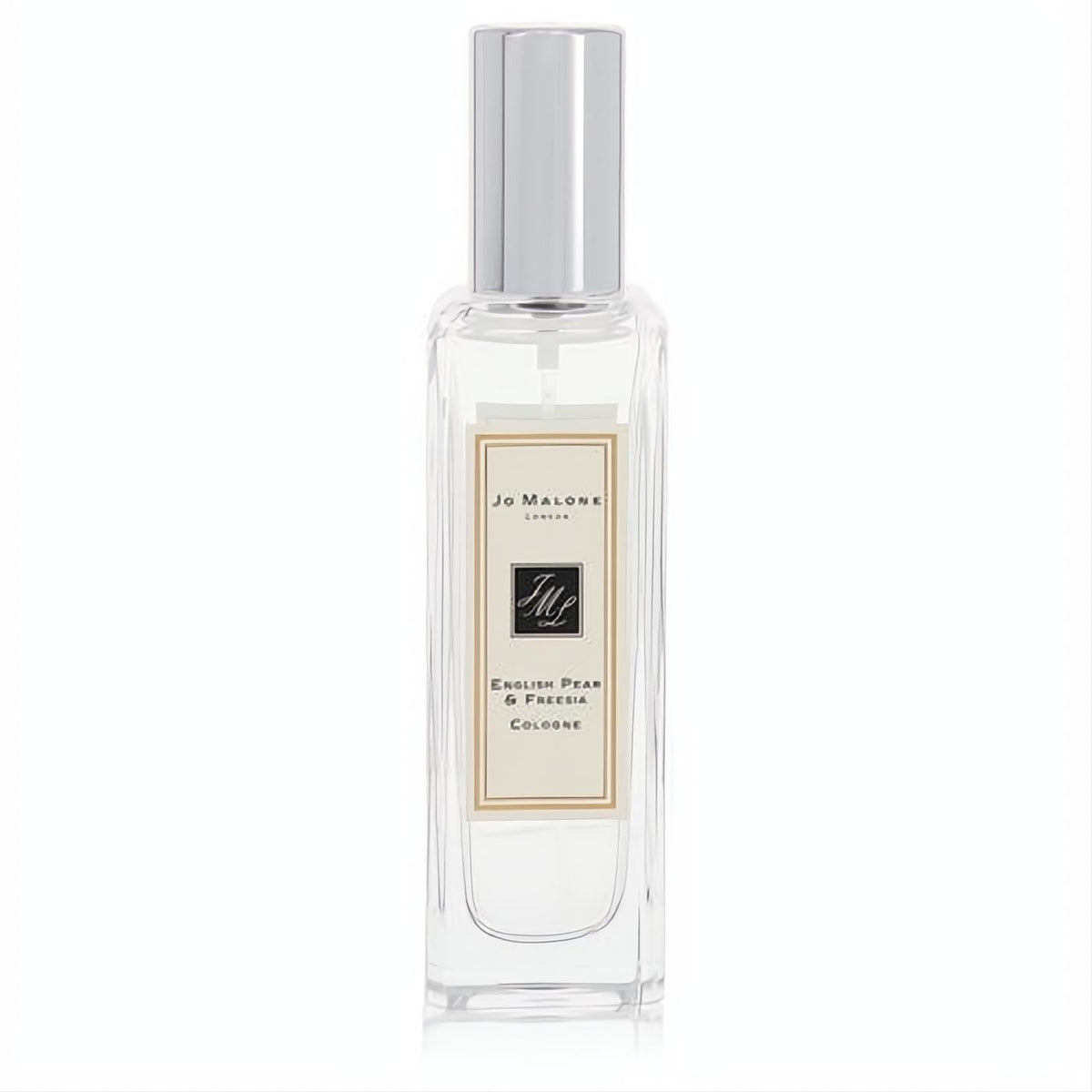 Jo Malone English Pear & Freesia unisex cologne spray. Clear glass bottle, sleek silver cap, elegant cream label.