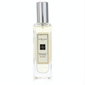 Luxurious Jo Malone Honeysuckle & Davana 1 oz cologne spray. Clear glass bottle, pale yellow liquid, shiny silver cap, and elegant cream label.