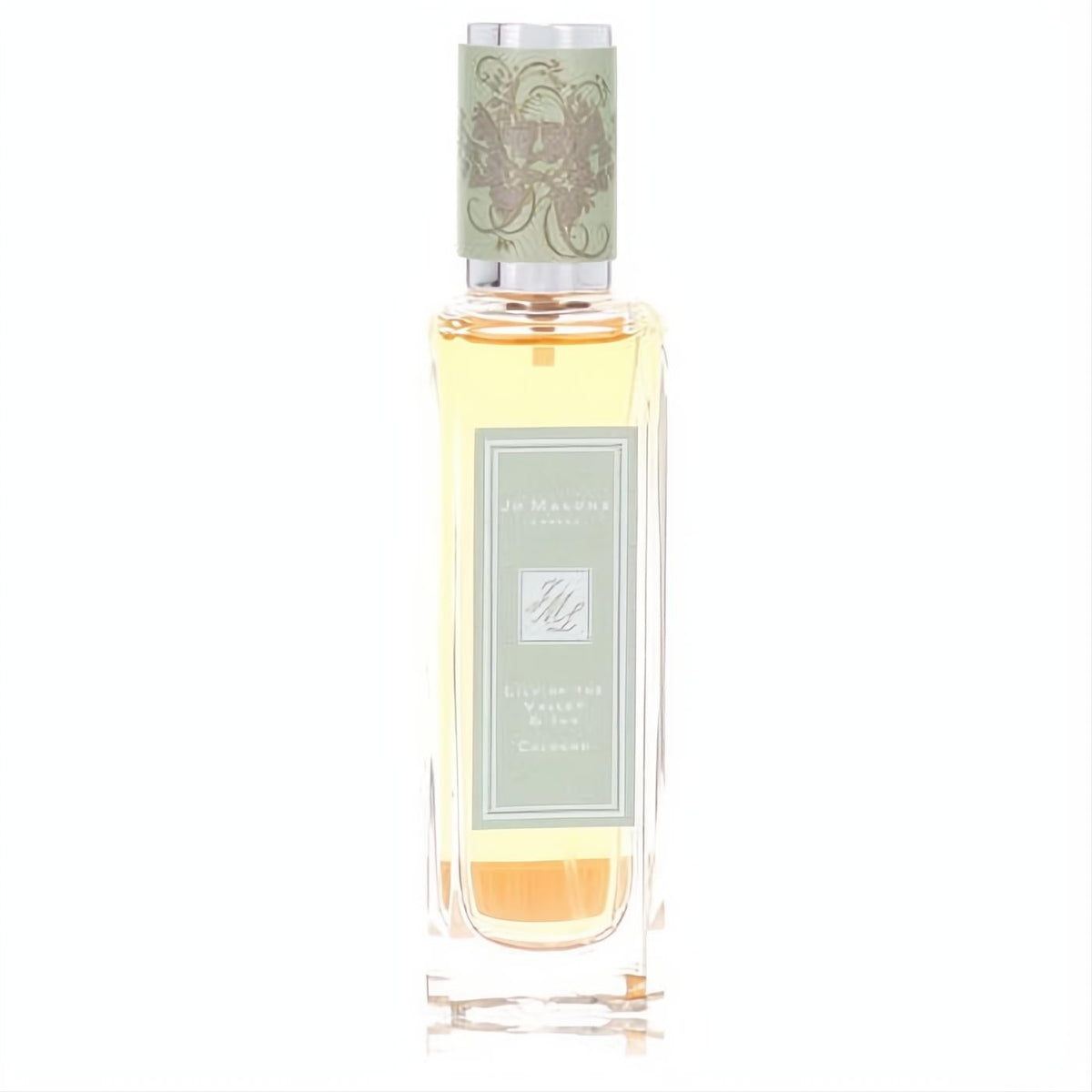 Elegant Jo Malone Lily of The Valley & Ivy cologne spray in a clear glass bottle with a sage green label and decorative floral cap.