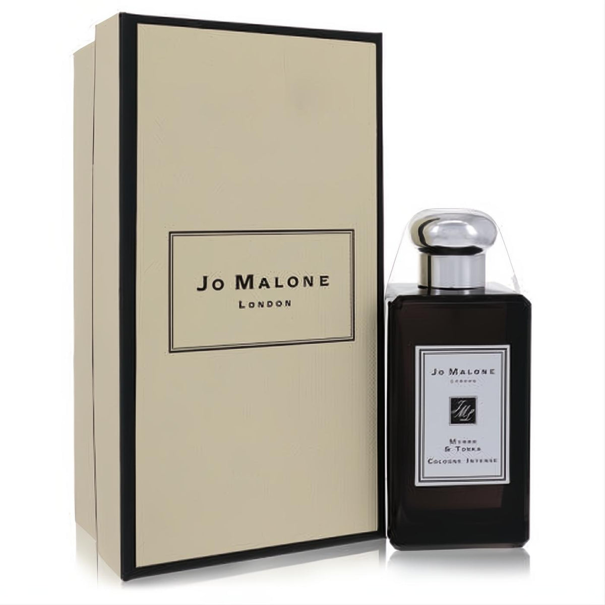 Jo Malone Myrrh & Tonka Cologne Intense unisex fragrance. Dark brown bottle with sleek silver cap, beside its elegant cream and black box.