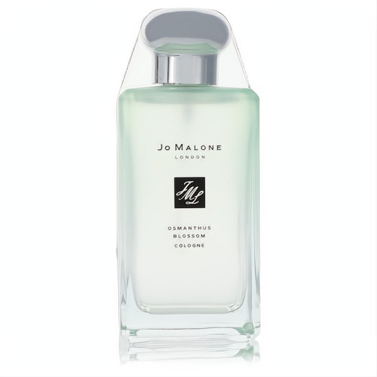 Jo Malone Osmanthus Blossom cologne: elegant rectangular glass bottle with pale green liquid, iconic JM logo, and sleek silver cap.