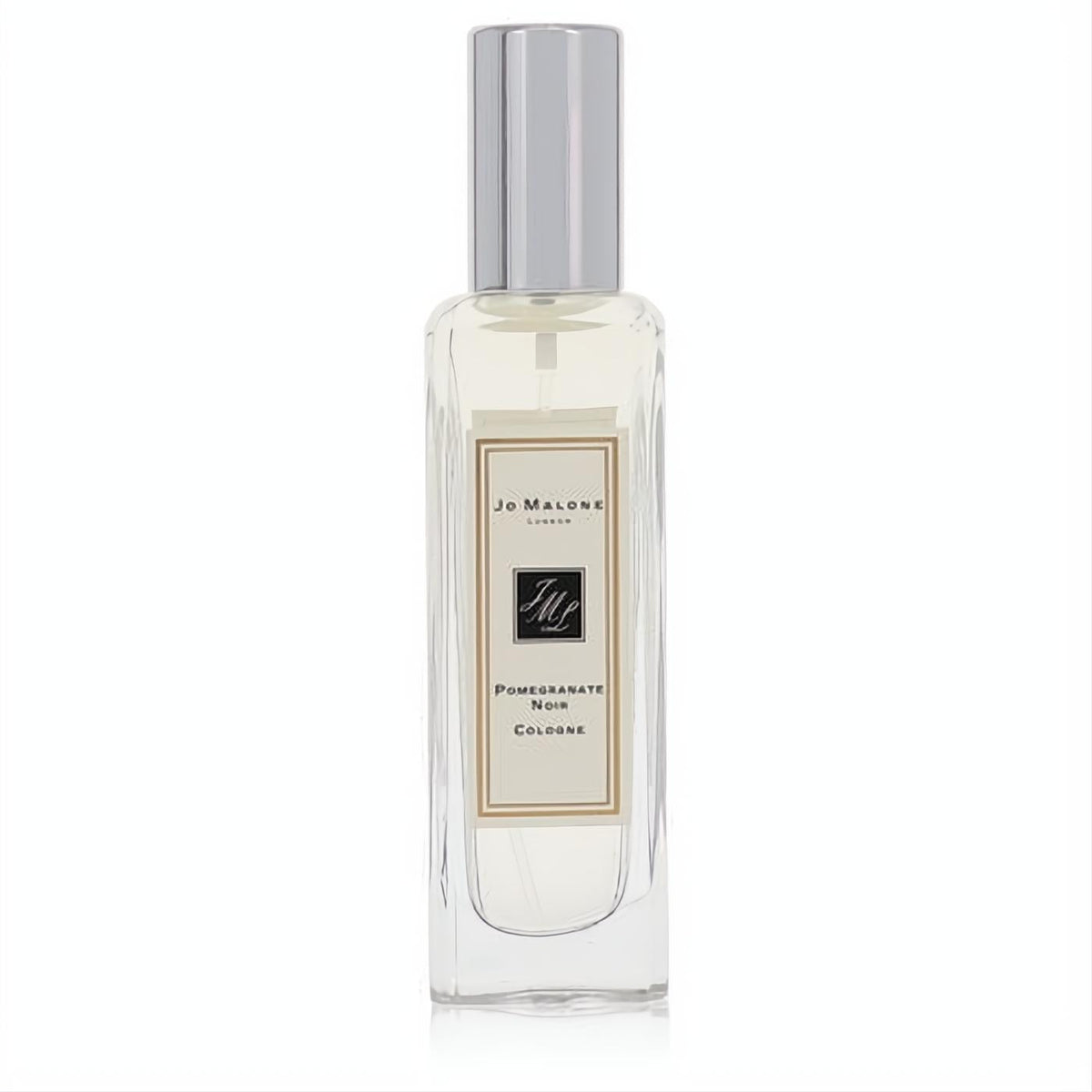 Elegant Jo Malone Pomegranate Noir 1 oz cologne spray. Clear glass bottle, sleek silver cap, and classic cream label.