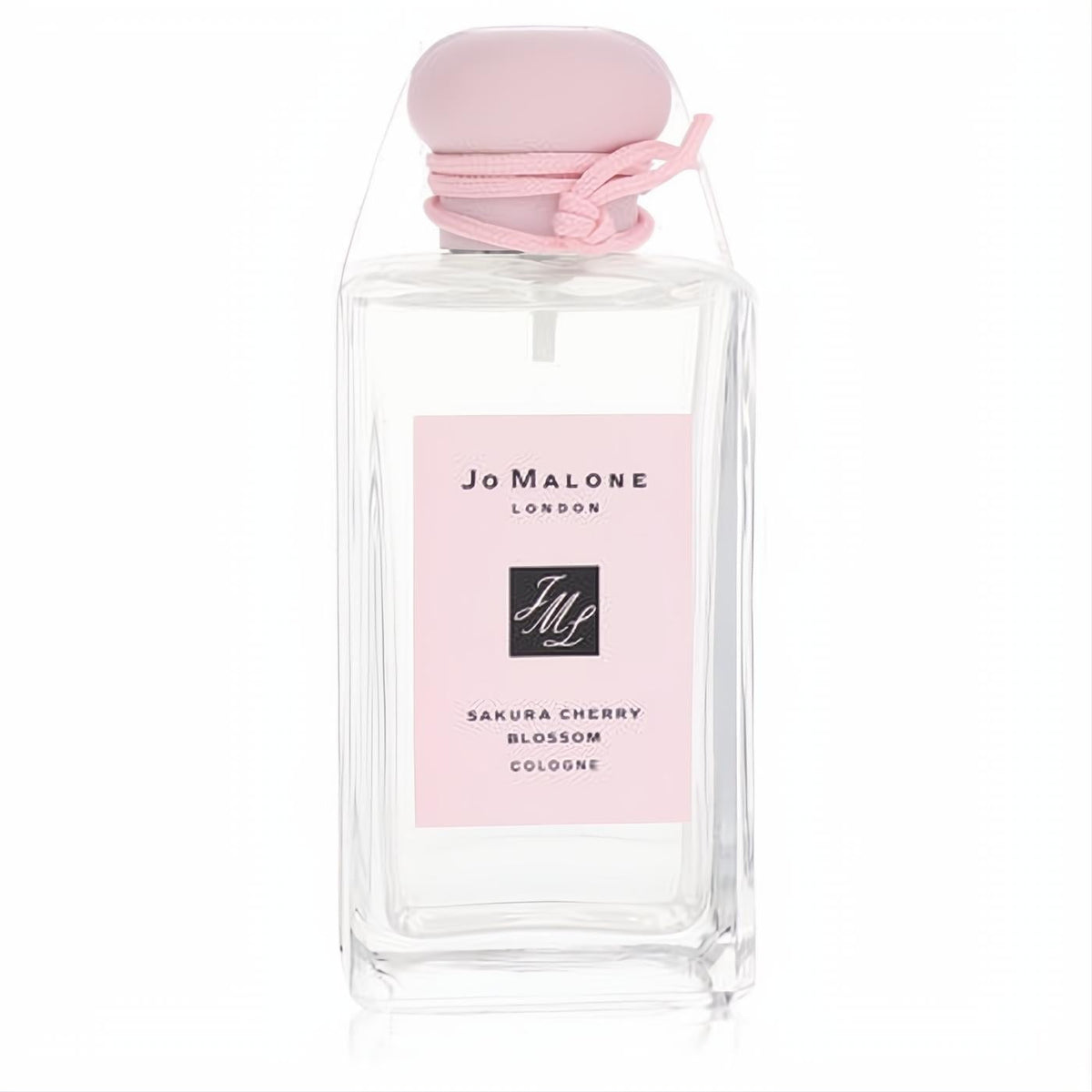 Jo Malone Sakura Cherry Blossom 3.4 oz cologne in a sleek glass bottle with a soft pink cap, label, and tie.