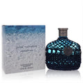 John Varvatos Artisan Blu 4.2 oz men's cologne. Striking blue bottle with dark woven net and rustic cap, alongside its fresh aquatic box.