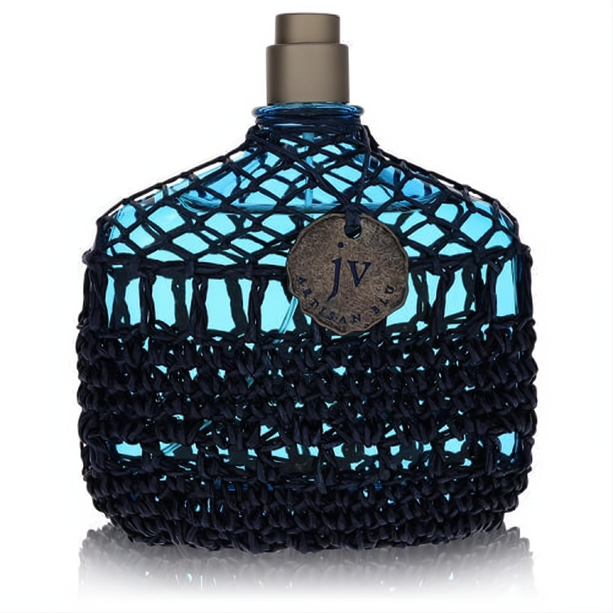 John Varvatos Artisan Blu men's 4.2 oz EDT spray. Unique light blue bottle with intricate dark blue woven netting and bronze JV tag.