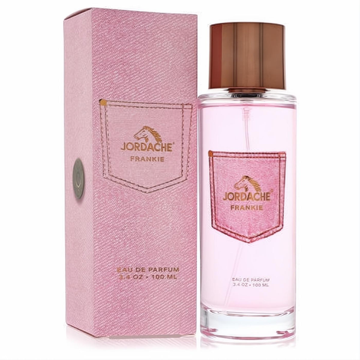 Jordache Frankie 3.4 oz Eau De Parfum: elegant clear bottle with pink fragrance, rose gold cap, and stylish pink denim-textured box.