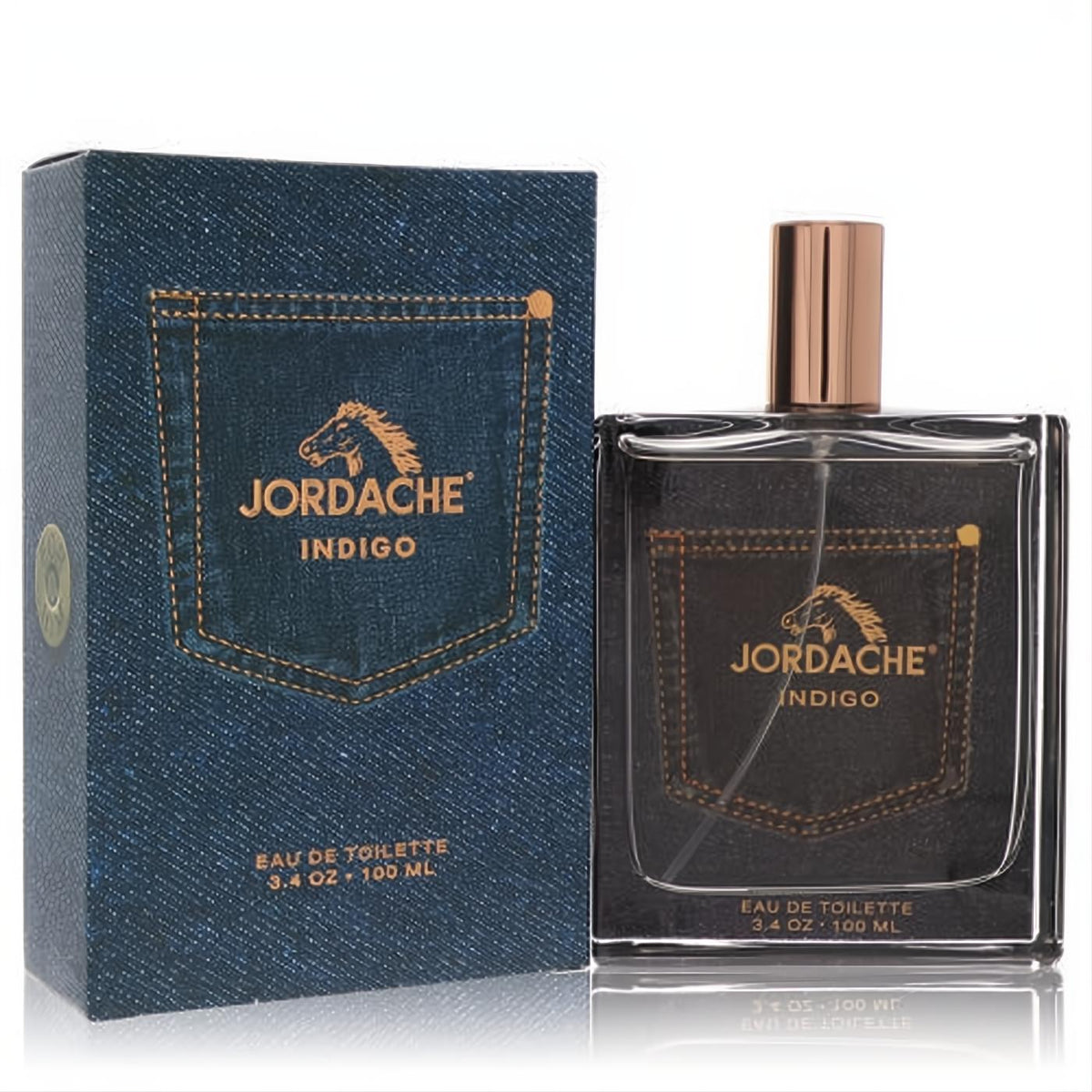 Jordache Indigo men's 3.4 oz EDT spray. Distinctive dark denim-inspired bottle and box with horse logo and rose gold cap.