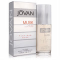 Jovan Platinum Musk cologne for men, 3 oz clear glass spray bottle with silver ribbed cap, beside its sleek silver box.