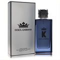 K by Dolce & Gabbana 3.3 oz men's Eau De Parfum Intense. Bold blue bottle, intricate silver crown cap, elegant silver box.