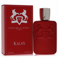 Bold Kalan by Parfums De Marly 4.2 oz red EDP spray bottle with embossed logo and sleek silver cap, beside its matching box.