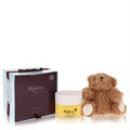 Delightful Kaloo Les Amis 3.4 oz alcohol-free fragrance with a soft yellow tint, paired with a cuddly brown fluffy bear in a charming blue gift box.