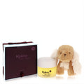 Delightful Kaloo Les Amis baby fragrance set: yellow jar, elegant burgundy box, and a free fluffy brown puppy.