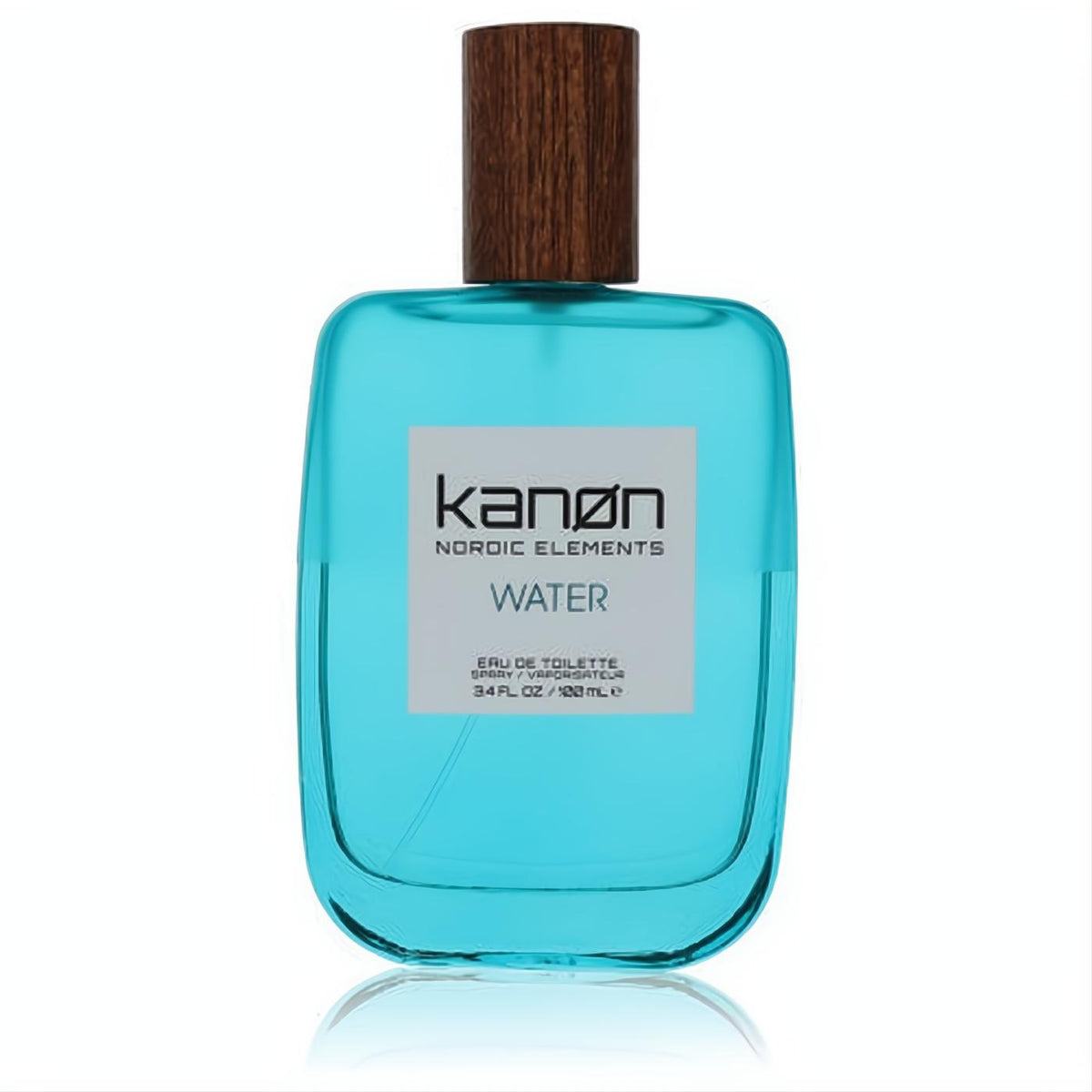 Kanon Nordic Elements Water 3.4 oz unisex EDT. Refreshing blue bottle, elegant wood cap, modern design.