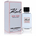 Elegant Karl Lagerfeld New York Mercer Street EDT 3.3 oz for men. Clear glass bottle with refreshing blue liquid, iconic white box.