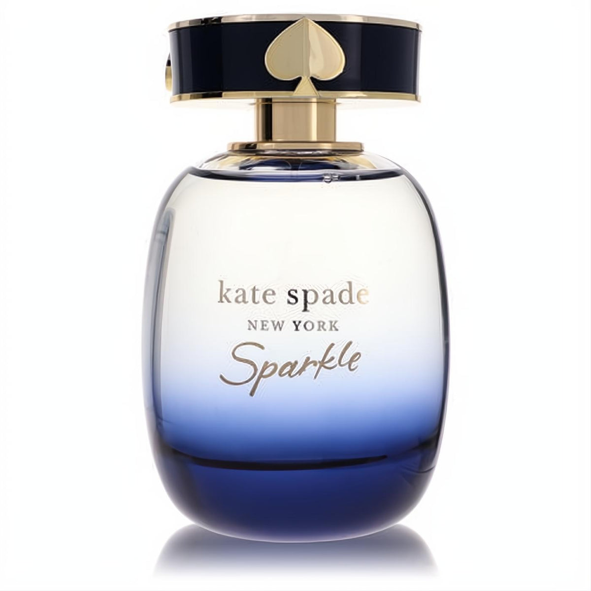 Kate Spade Sparkle 3.3 oz intense spray fragrance. Elegant clear to navy blue gradient bottle with gold accents and iconic spade cap.