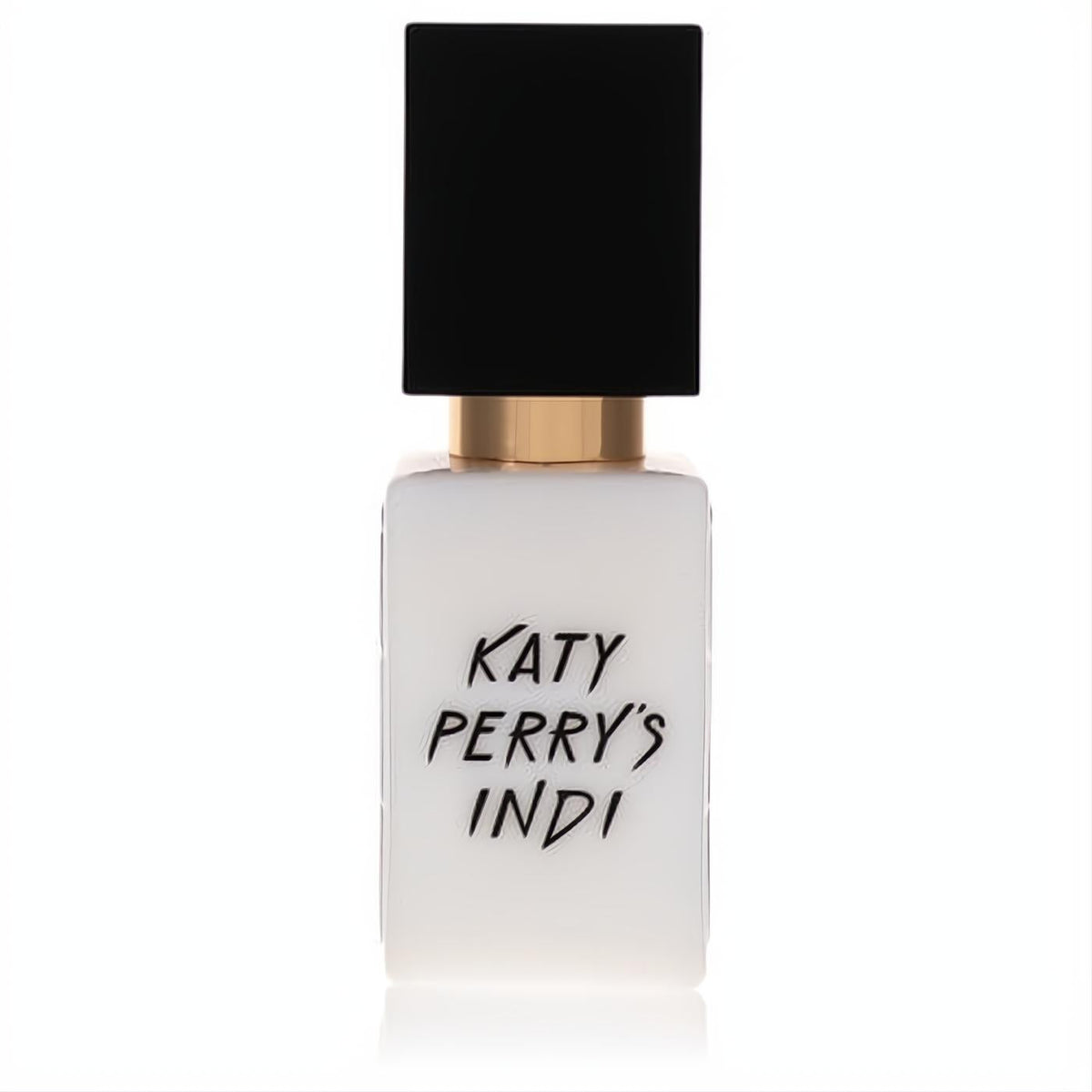 Katy Perry's Indi .33 oz mini EDP spray. Chic frosted white bottle, bold black cap, and luxurious gold band.