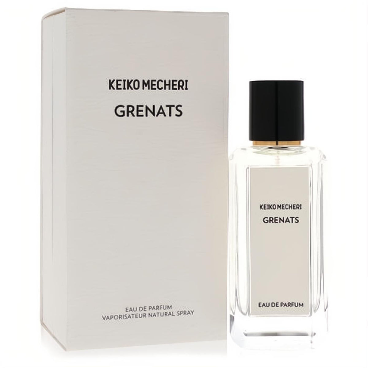 Keiko Mecheri Grenats 3.4 oz women's Eau De Parfum spray. Clear glass bottle with sleek black cap, gold accent, and elegant white box.