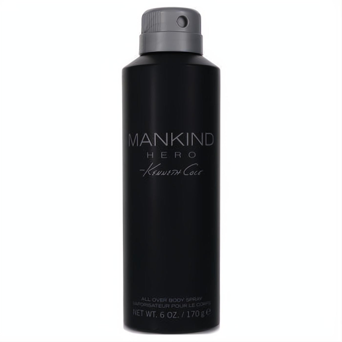 Kenneth Cole Mankind Hero 6 oz men's body spray. Sleek black can with a gray spray cap, delivering a fresh, sensual fragrance.