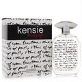 Kensie Loving Life 3.4 oz Eau De Parfum. Clear oval bottle with silver cap and unique handwritten text, displayed with its matching white box.