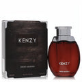 Luxurious Kenzy Swiss Arabian unisex perfume. Elegant dark red 3.4 oz bottle with sleek silver cap, beside a rich wood-grain box.