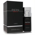Khadlaj Infini Absolute Le Parfum 3.4 oz. Bold black bottle with sleek silver cap, red & white text, beside its matching box.