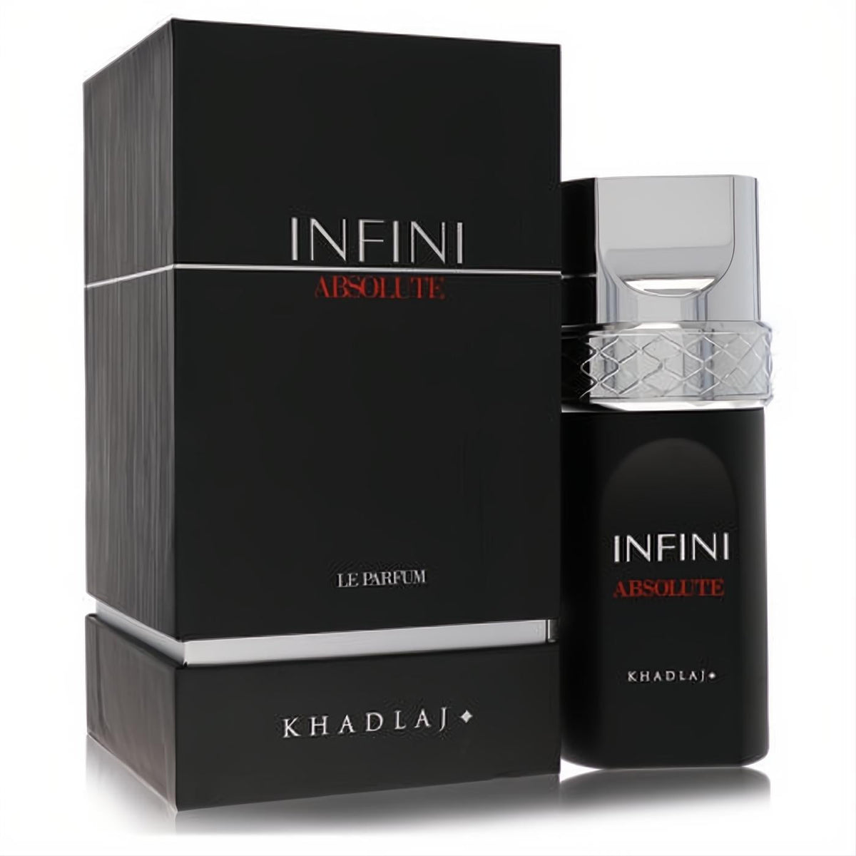 Khadlaj Infini Absolute Le Parfum 3.4 oz. Bold black bottle with sleek silver cap, red & white text, beside its matching box.