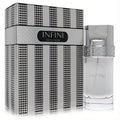 Sophisticated Khadlaj Infini 3.4 oz men's EDP spray, clear bottle with sleek silver cap and stylish striped box.