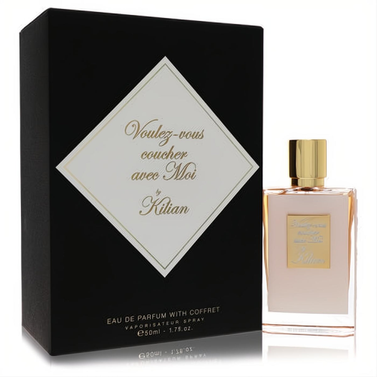Sophisticated Kilian Voulez-Vous Coucher Avec Moi 1.7 oz EDP. Black box with diamond label, clear bottle, peach fragrance, gold cap.
