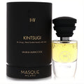 Elegant Kintsugi by Masque Milano 1.18 oz EDP spray. Clear bottle, golden liquid, black ribbed cap, and luxurious black & gold box.