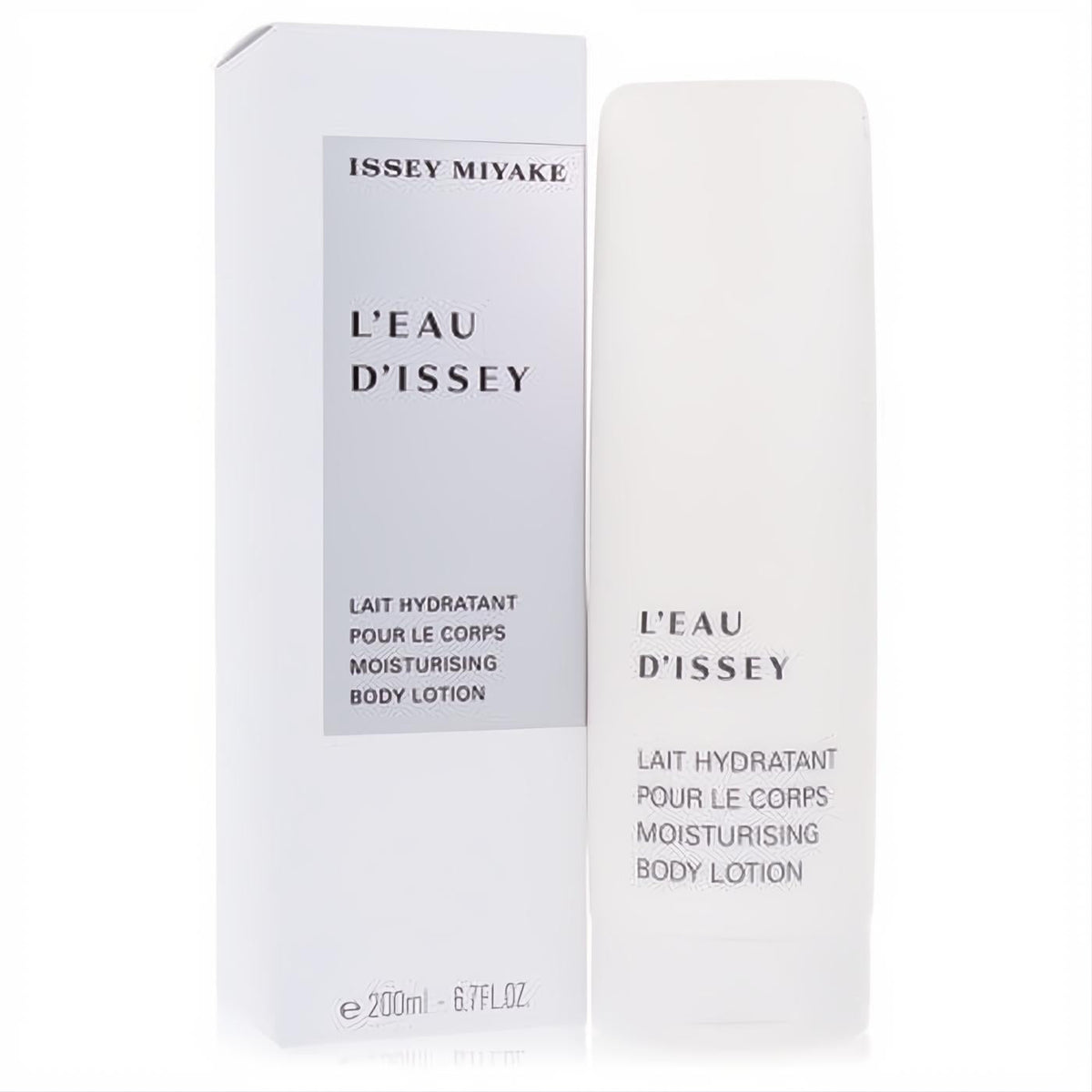 Experience luxury with Issey Miyake L'Eau D'Issey 6.7 oz moisturizing body lotion. Sleek white box and frosted bottle.