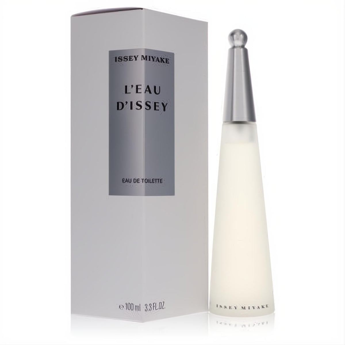 L'Eau D'Issey 3.3 oz Eau De Toilette. Iconic frosted glass bottle with sleek silver cap next to its minimalist white box.