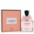 Elegant La Femme Bloom Riiffs 3.4 oz EDP spray. Pink liquid, delicate bow, faceted black cap, and sparkling crystal base.