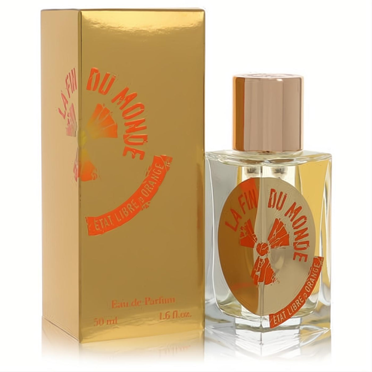 Luxurious La Fin Du Monde 1.6 oz unisex Eau De Parfum. Clear glass bottle with gold cap and vibrant orange branding, next to its matching gold box.