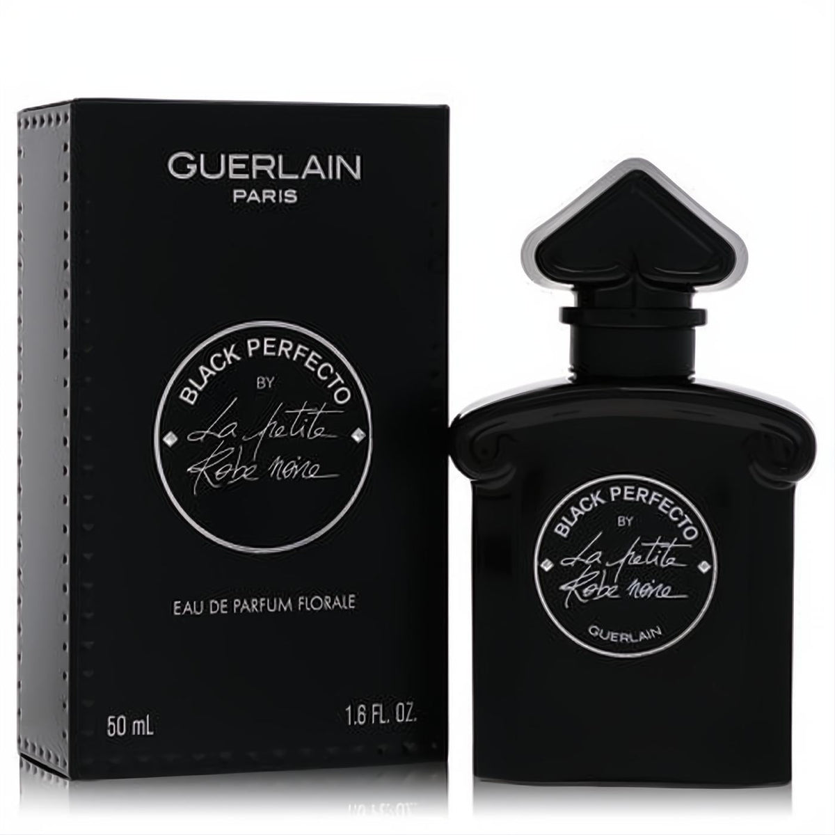 Guerlain Black Perfecto 1.6 oz Florale EDP. Sleek black bottle with iconic heart-shaped cap and elegant script.