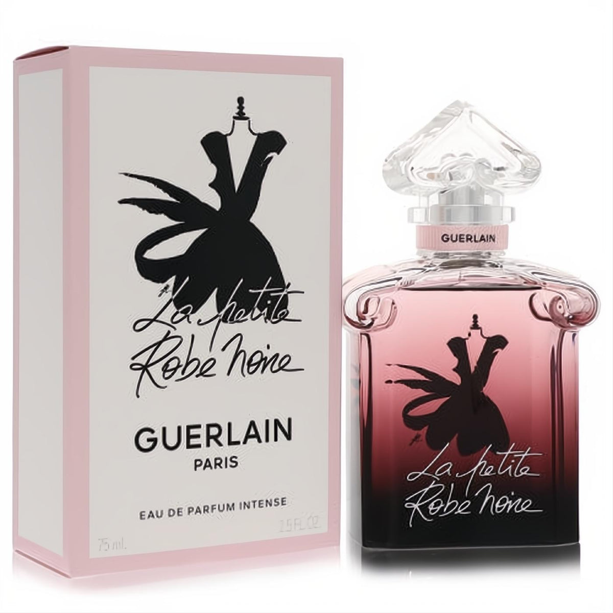 Guerlain La Petite Robe Noire Intense 2.5 oz women's EDP spray. Chic pink-to-black bottle with iconic dress silhouette and matching box.