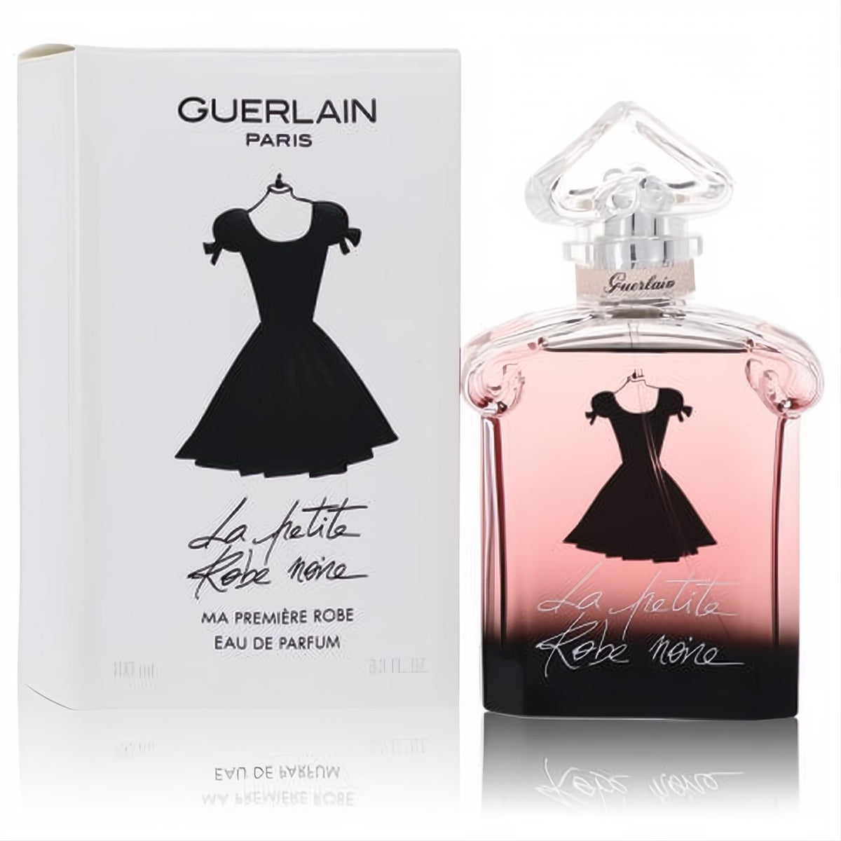 Guerlain La Petite Robe Noire Ma Premiere Robe 3.4 oz EDP. Elegant glass bottle with signature black dress design, pink liquid, and bow cap, beside its white box.
